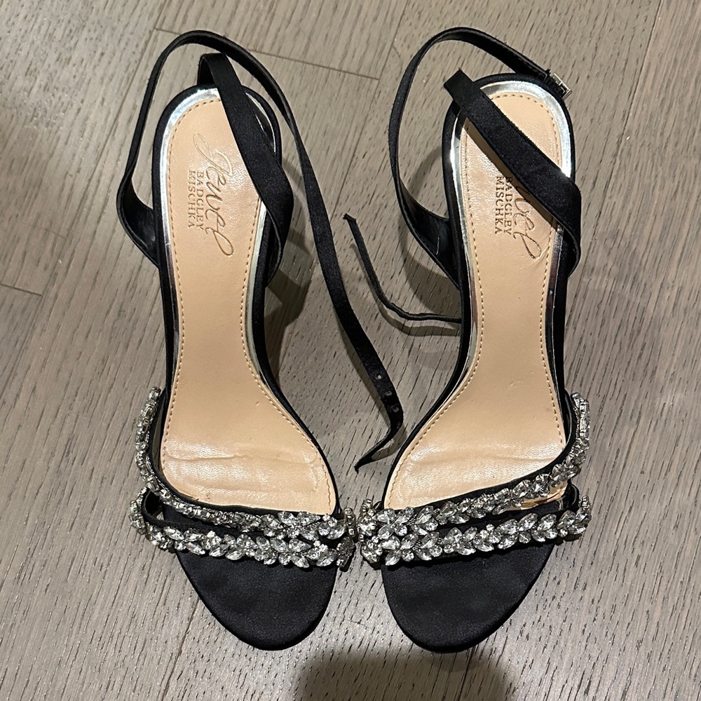 Badgley Mischka Black Satin Crystal-Strap Slingback Heels